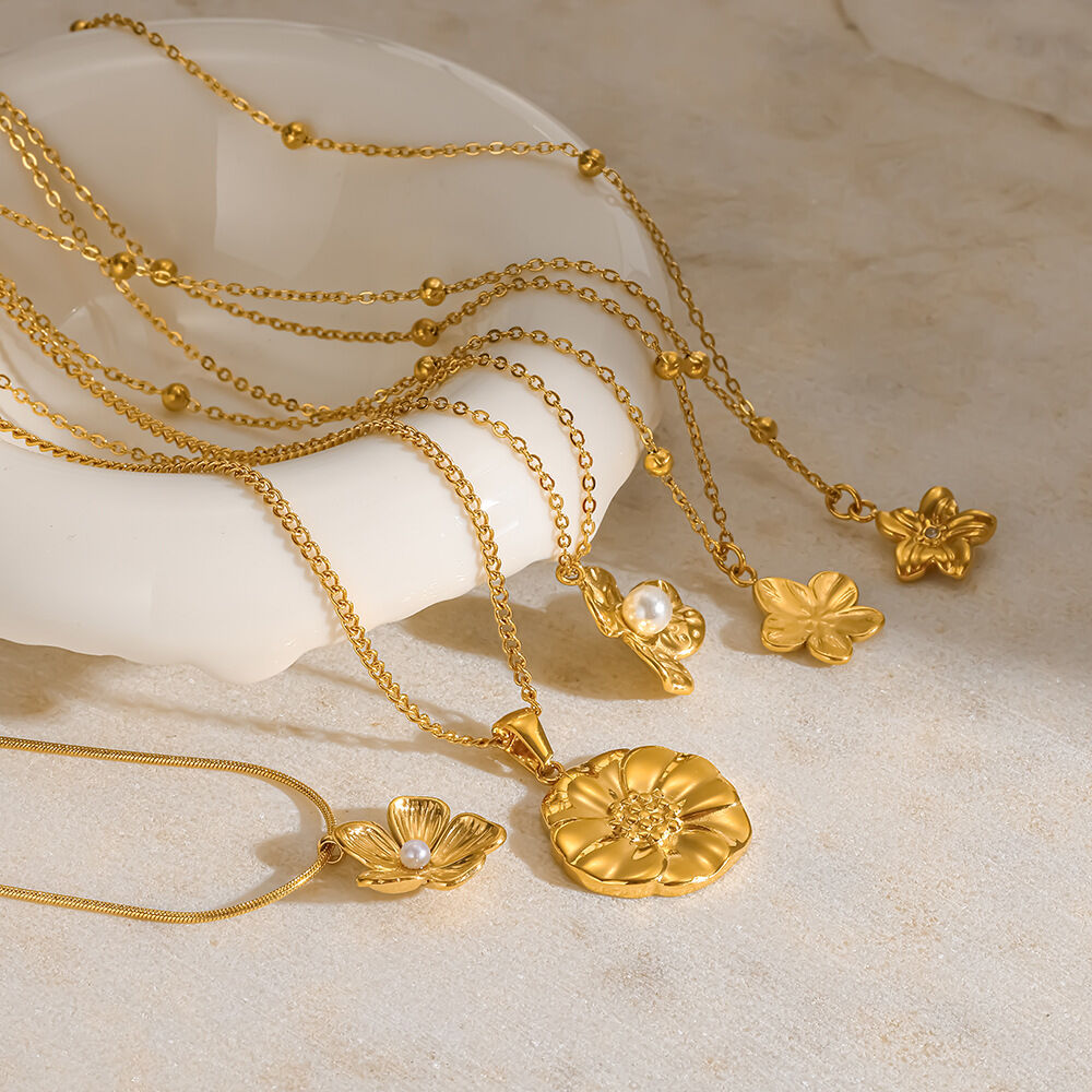 Romantic Flower Stainless Steel Waterproof Gold Color Pearl Women's Pendant Necklaces h5Picture3