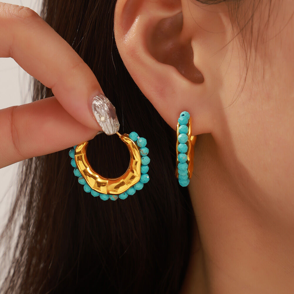 Retro Circle Titanium Steel Gold Color Natural Stone Women's Hoop Earrings Picture4