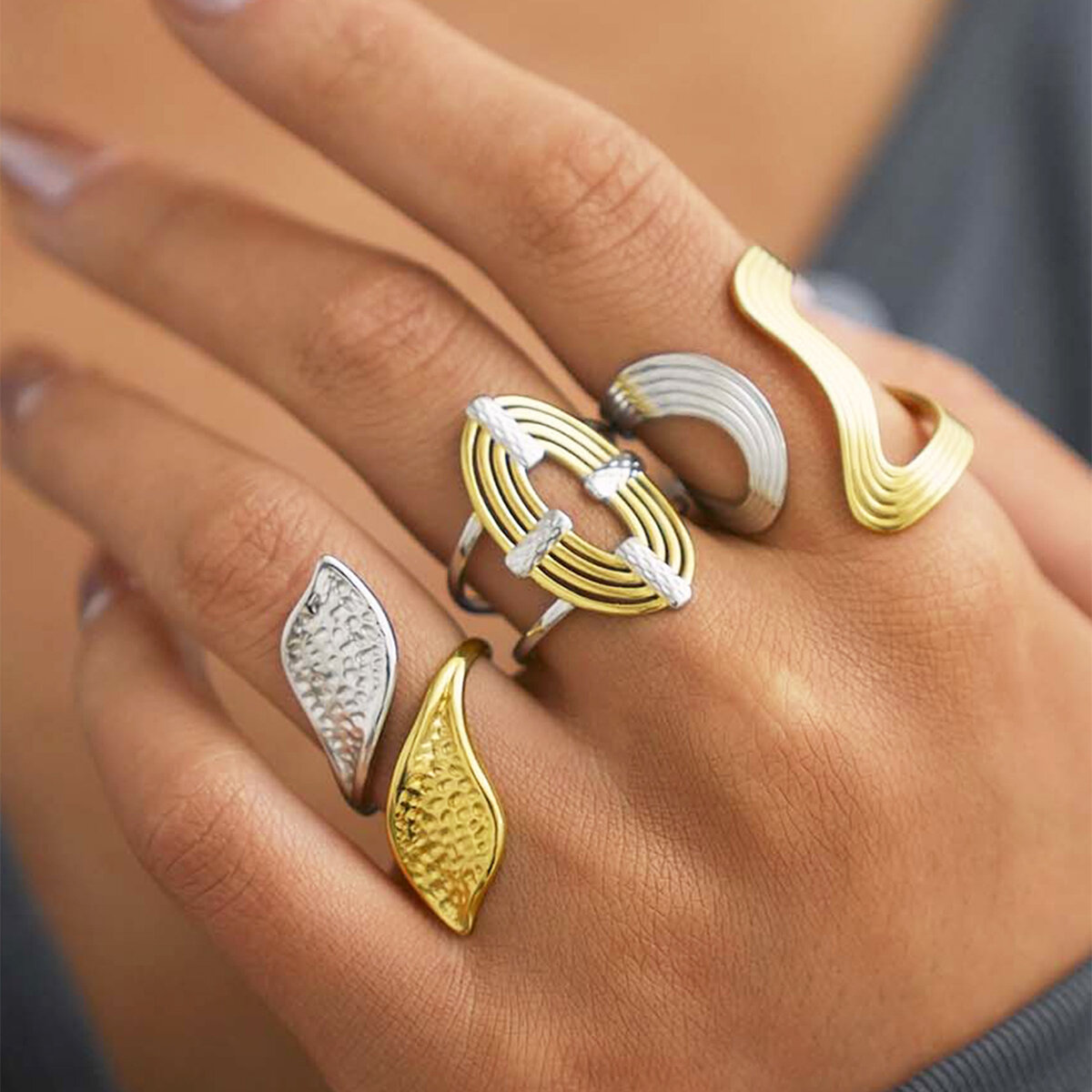 Irregular Shape Leaf Stainless Steel Waterproof   Gold Color  Statement Rings Picture3