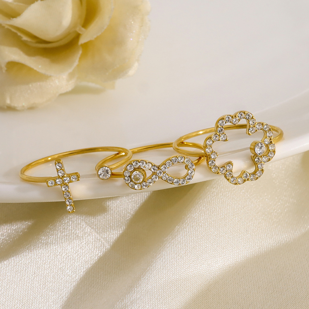 Simple Flower Stainless Steel Gold Color Rhinestone Women's Gemstone Rings Picture4