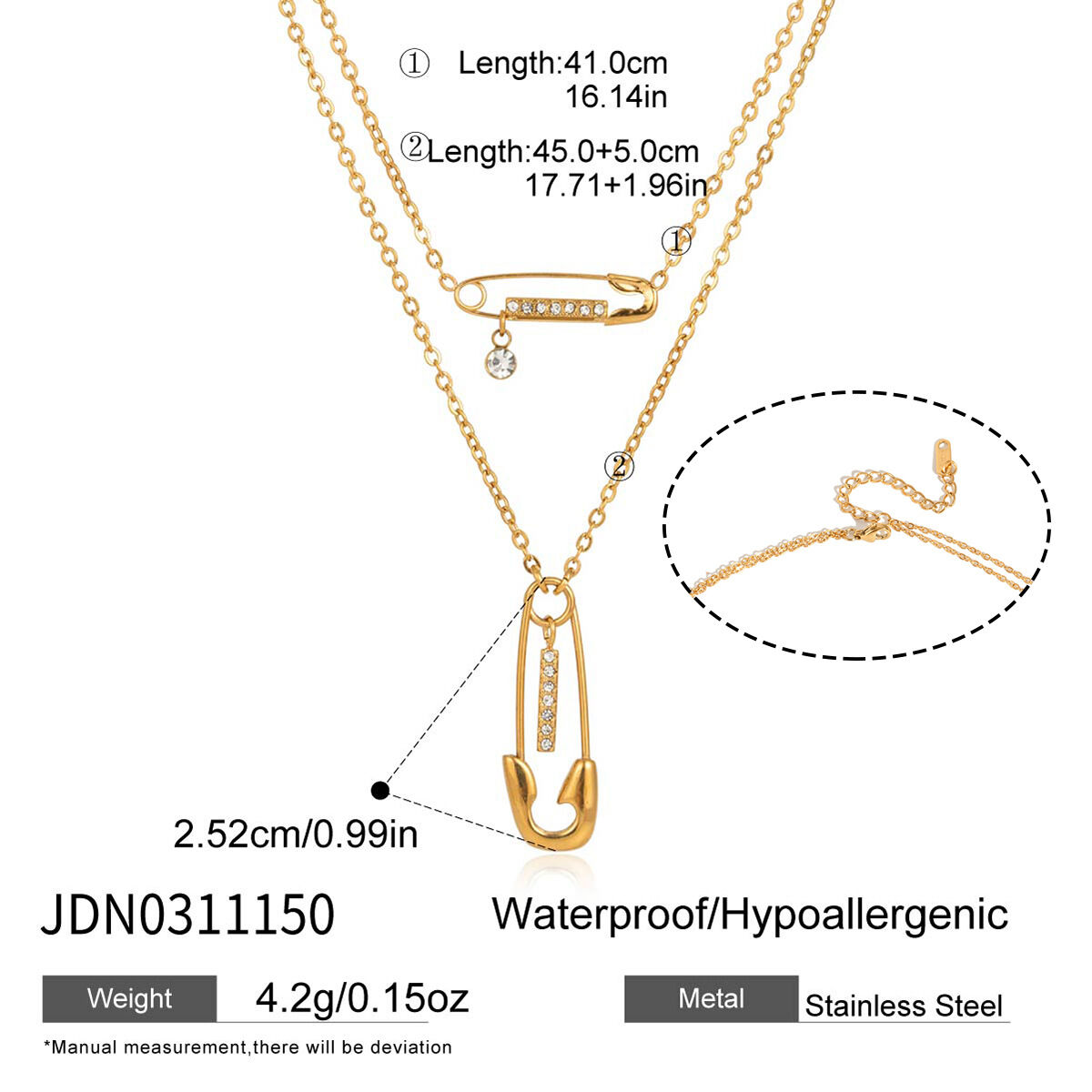 Simple Pin Shape Stainless Steel Waterproof Gold Color Rhinestone Women's Layered Necklaces h5