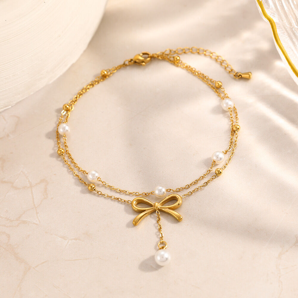 Sweet Bow Knot Stainless Steel Waterproof Gold Color Pearl Anklets h5 Picture2