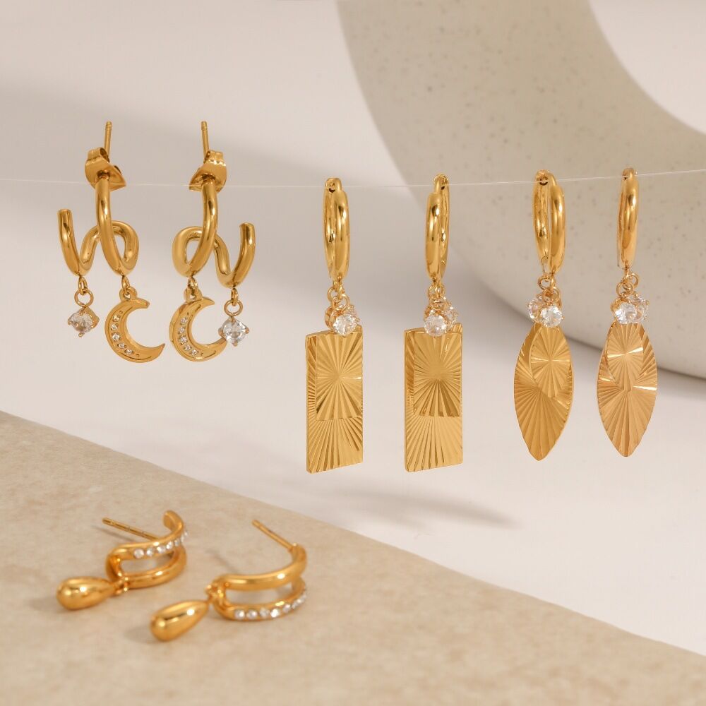 Simple Droplet Moon Shape Stainless Steel Waterproof Gold Color Rhinestone Women's Dangle Earrings Picture3