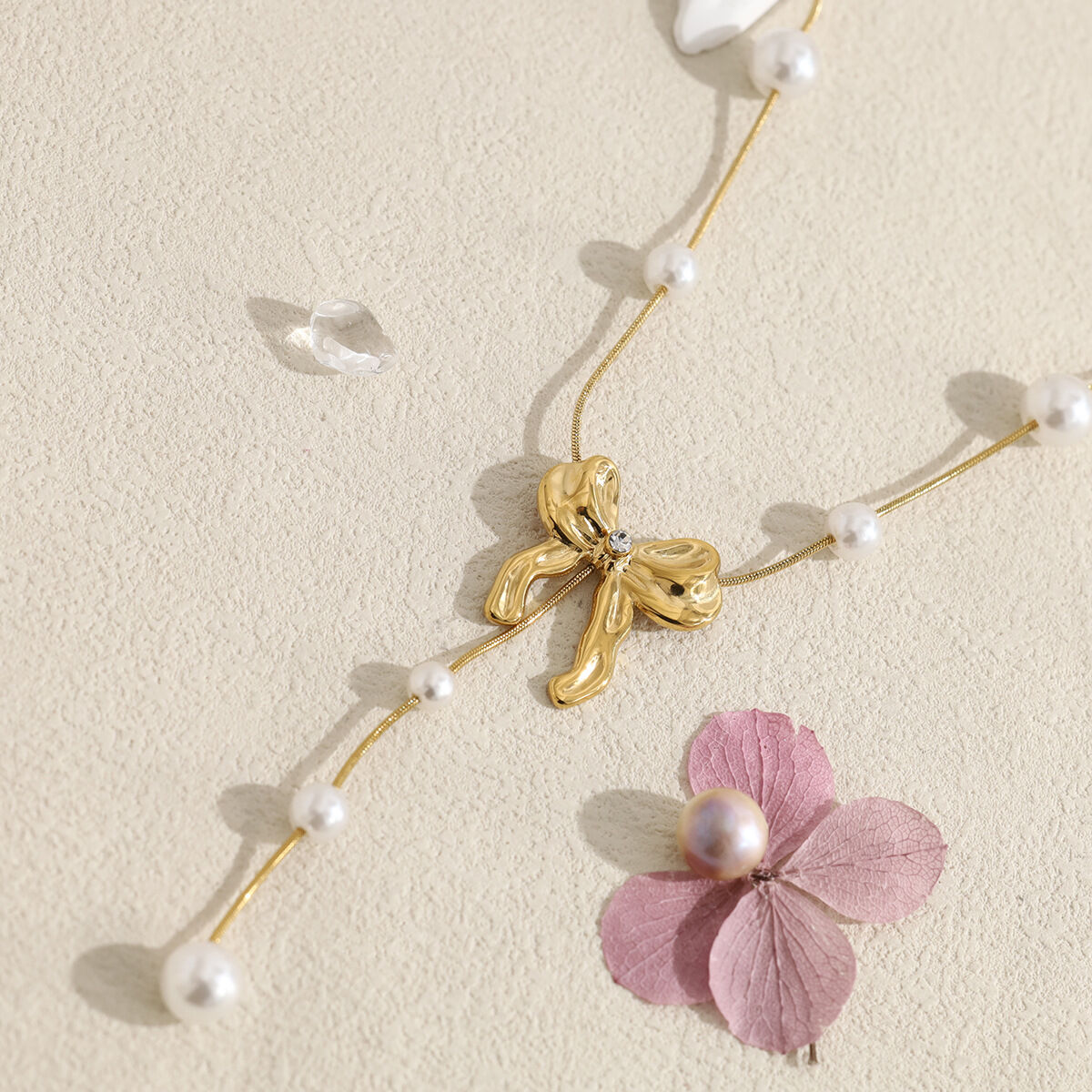 Romantic Sweet Butterfly Stainless Steel Waterproof Gold Color Pearl Women's Pendant Necklaces 2