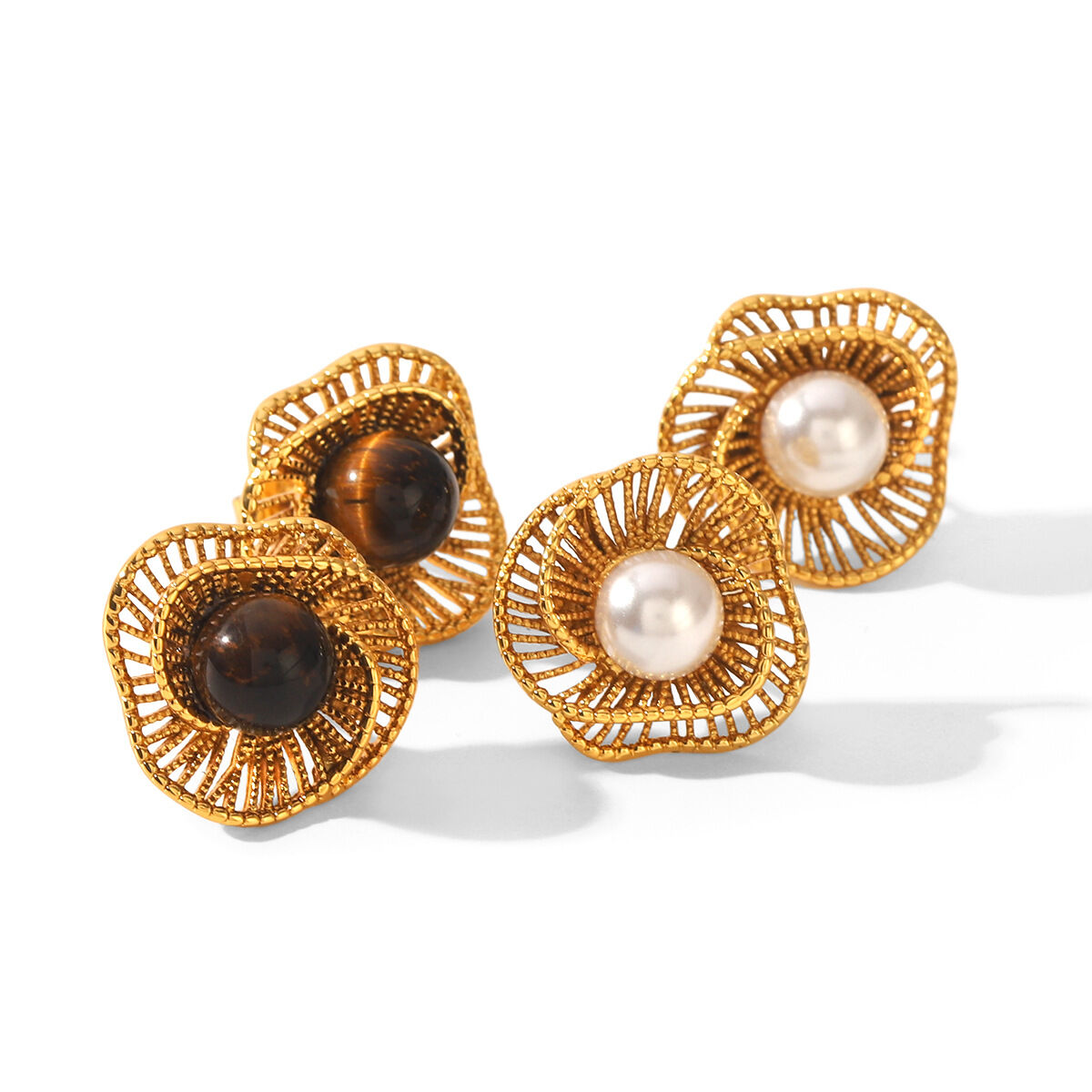 Simple Retro Flower Stainless Steel Waterproof   Gold Color  Natural Stone Pearl Women's Stud Earrings h5 Picture6