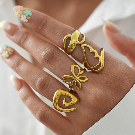 Retro statement ringen met onregelmatige vlindervorm, gemaakt van roestvrij staal, waterdicht en goudkleurig. 2