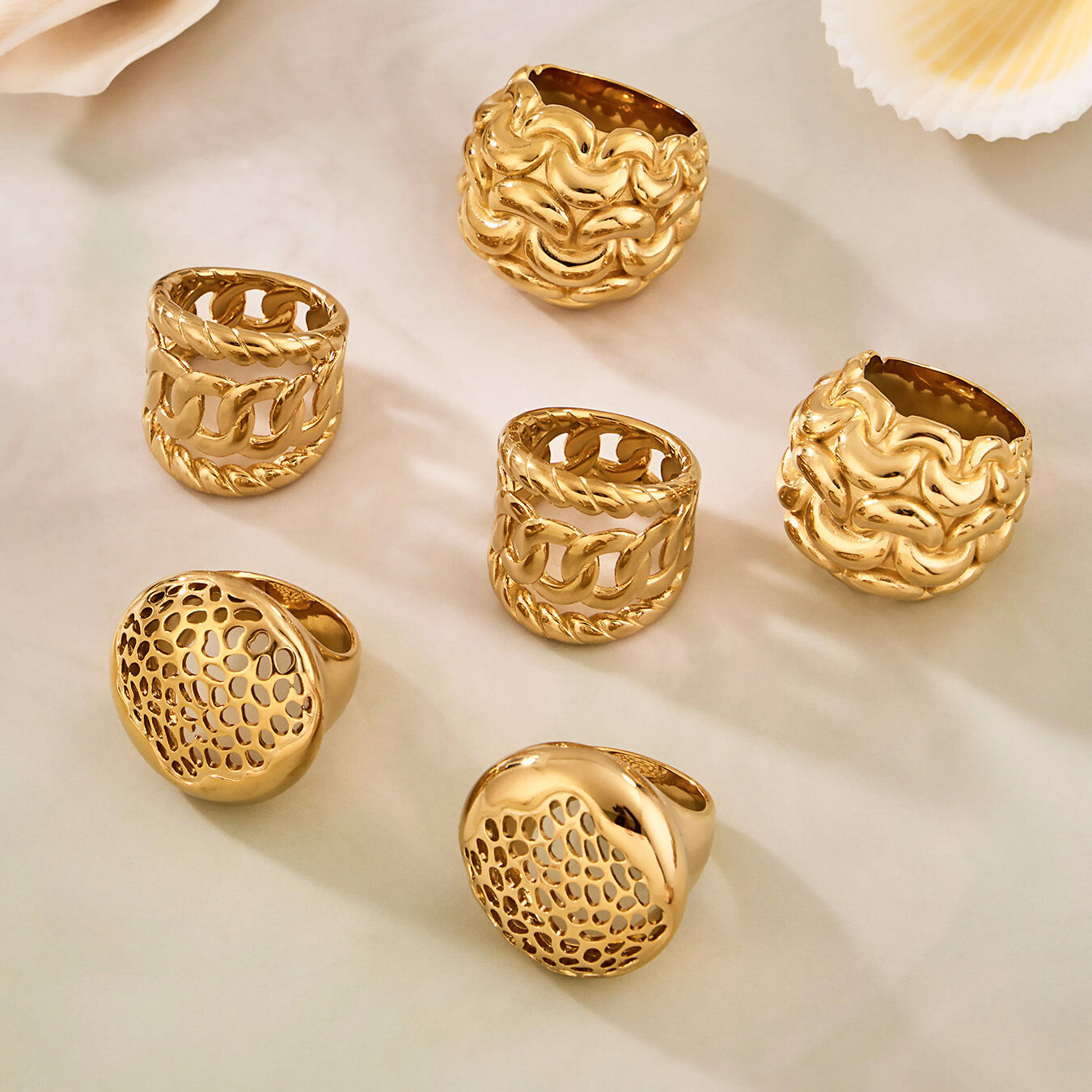 Retro Hollowed-Out Stainless Steel Waterproof Gold Color Statement Rings Picture4