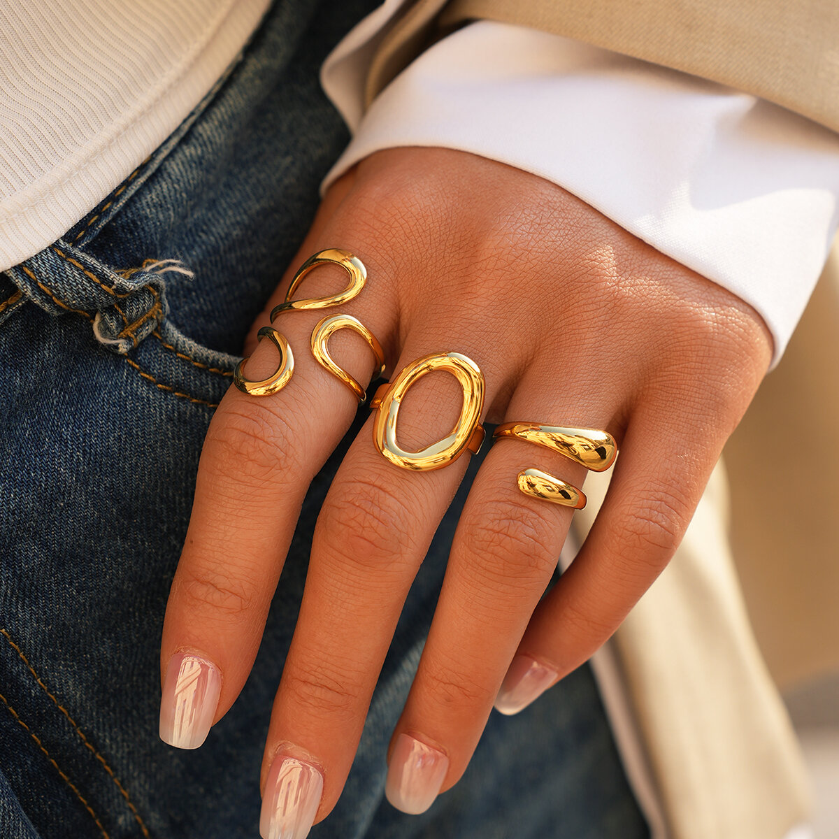 Simple Series Daily Irregular Shape Stainless Steel Waterproof Gold Color Statement Rings h5 Picture3