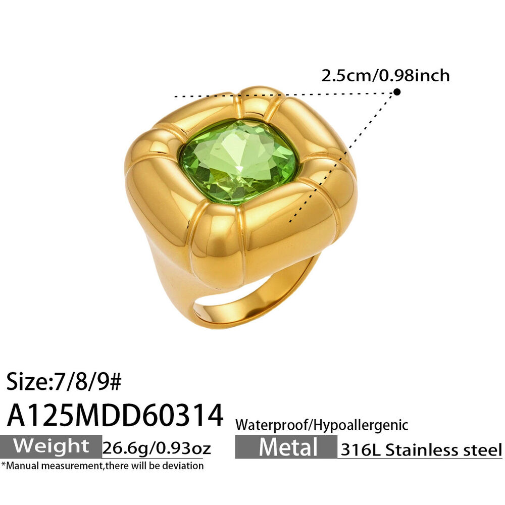 Luxurious Rectangle Stainless Steel Waterproof Gold Color Glass Women's Gemstone Rings
