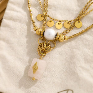 Retro Irregular Shape Stainless Steel Waterproof Gold Color Crystal Pearl Women's Pendant Necklaces h5 Picture4