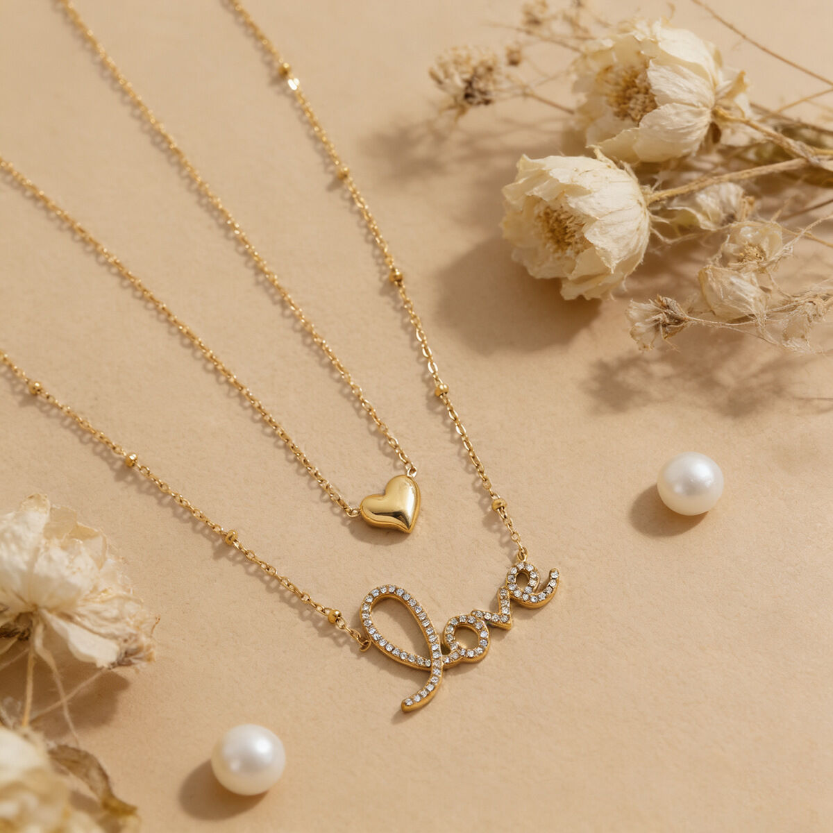 Simple Letter Heart Stainless Steel Waterproof Gold Color Rhinestone Women's Layered Necklaces Picture4