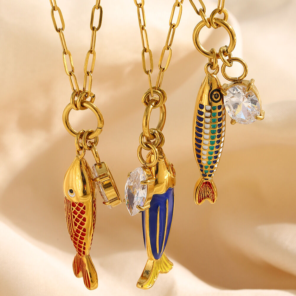Vacation Enamel Fish Shape Stainless Steel Waterproof Gold Color  Women's Pendant Necklaces