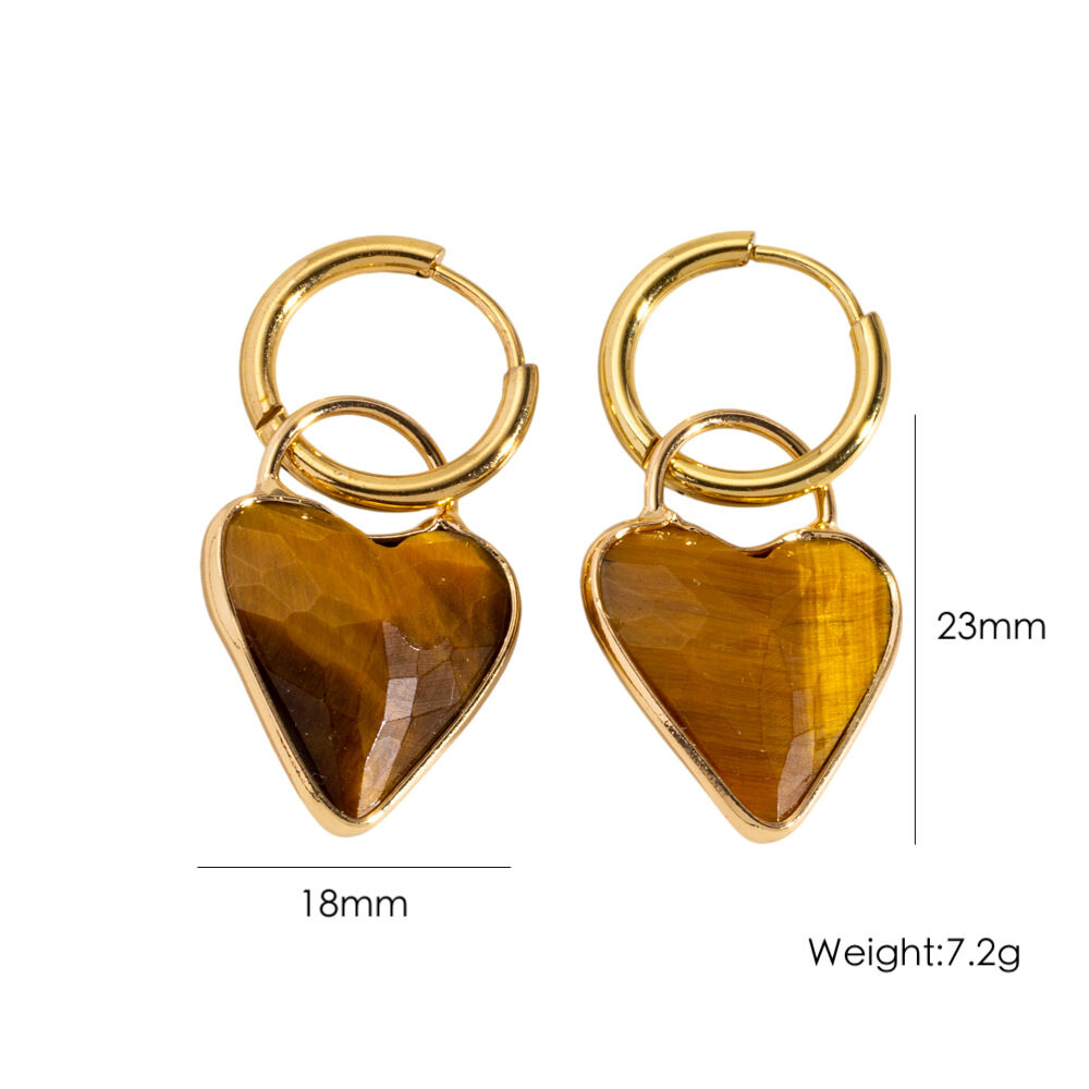 Simple Series Retro Heart Stainless Steel Waterproof   Gold Color  Natural Stone Women's Hoop Earrings 