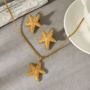 Vacation Starfish Stainless Steel Waterproof Gold Color Zircon Women's Necklaces Set h5 Picture3