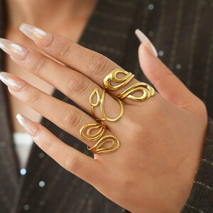 Simple Series Daily Irregular Shape Lines Stainless Steel Waterproof Gold Color Statement Rings h5 Picture3