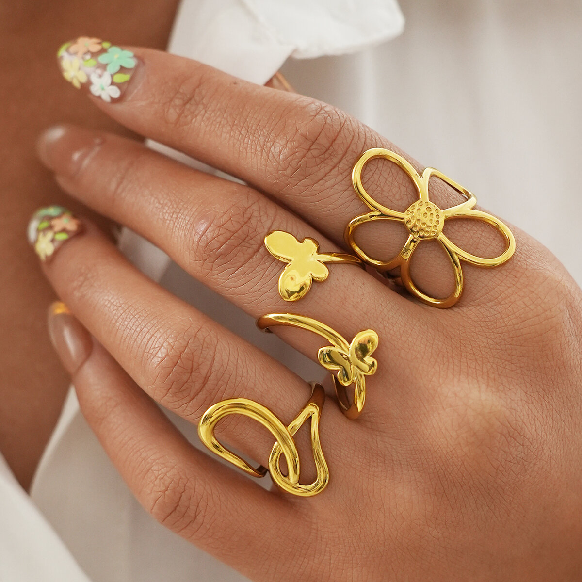 Retro Irregular Shape Stainless Steel Waterproof   Gold Color  Statement Rings Picture2