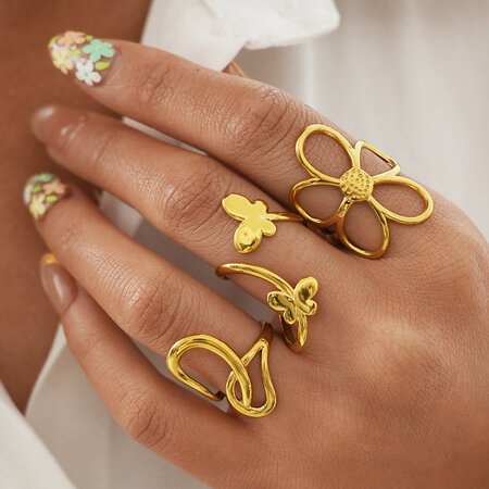 Retro statement ringen van roestvrij staal met onregelmatige vorm, waterdicht en goudkleurig. 2