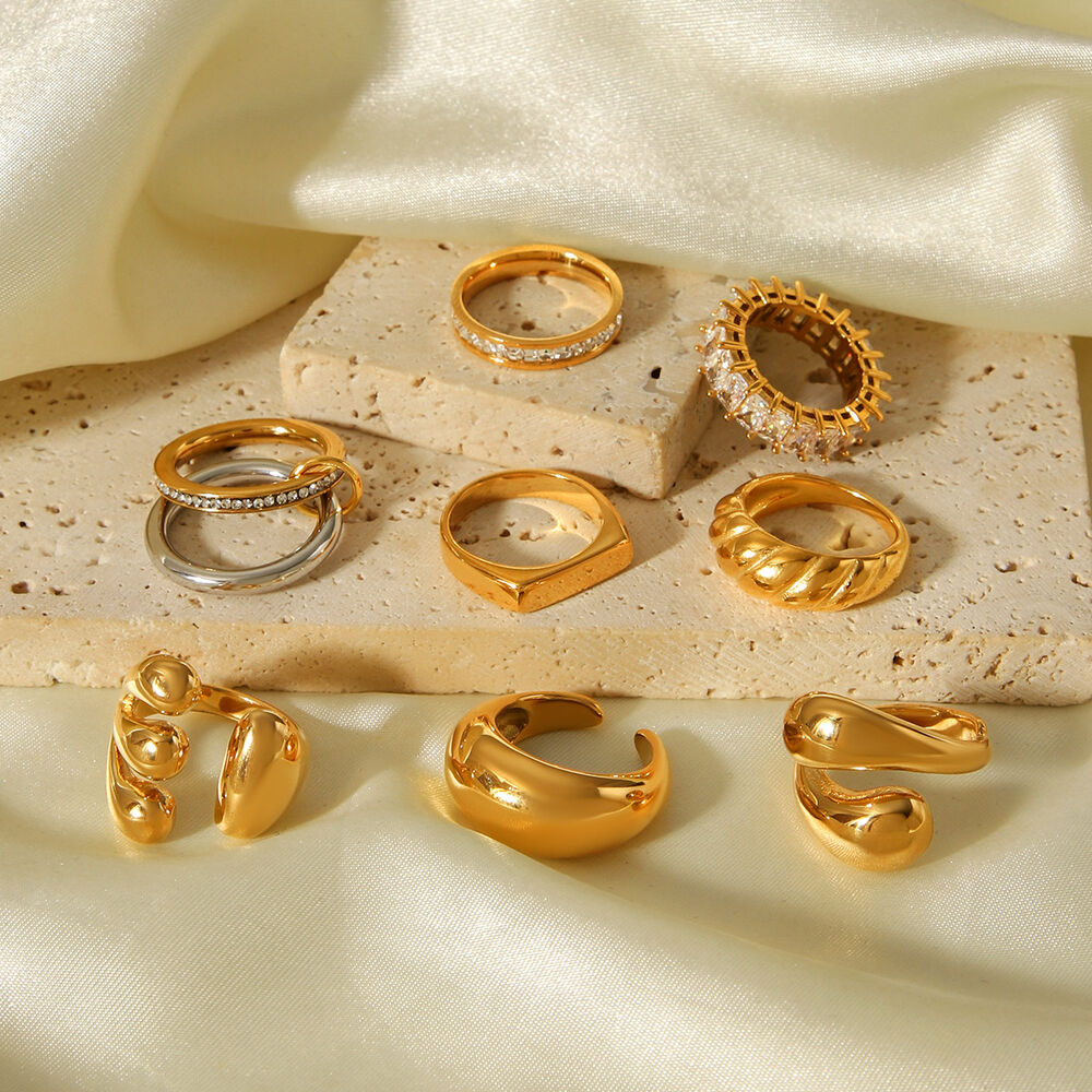 Daily Stainless Steel Waterproof Gold Color Zircon Statement Rings Picture3