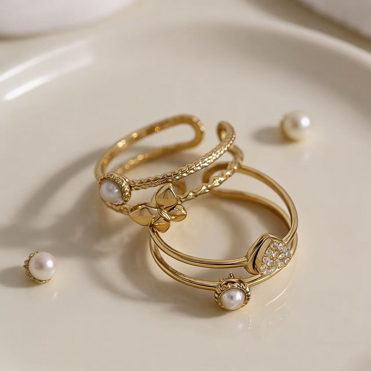 Heart Butterfly Stainless Steel Waterproof Gold Color Rhinestone Statement Rings 2