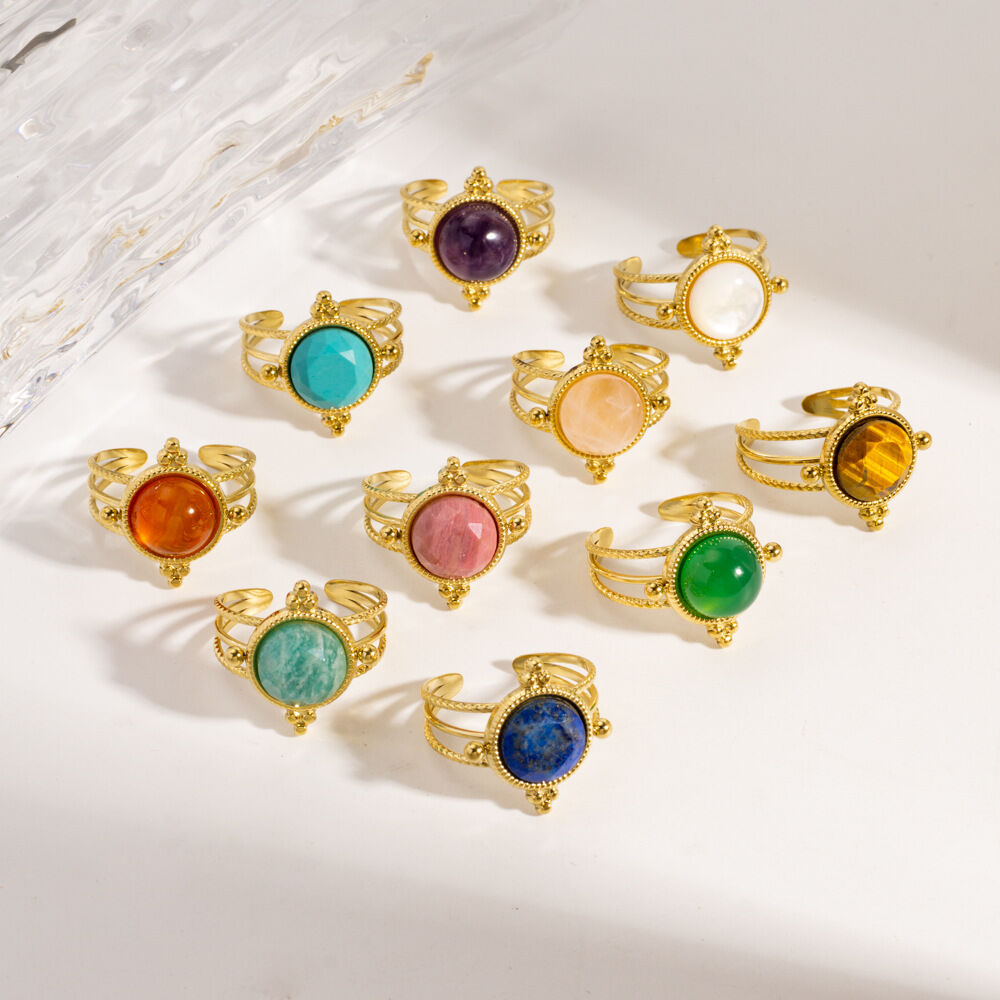 Simple Series Elegant Hollowed-Out Stainless Steel Waterproof   Gold Color  Women's Gemstone Rings
