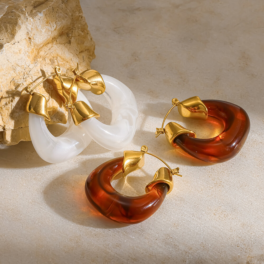 Retro Resin Stainless Steel Waterproof Gold Color Women's Hoop Earrings