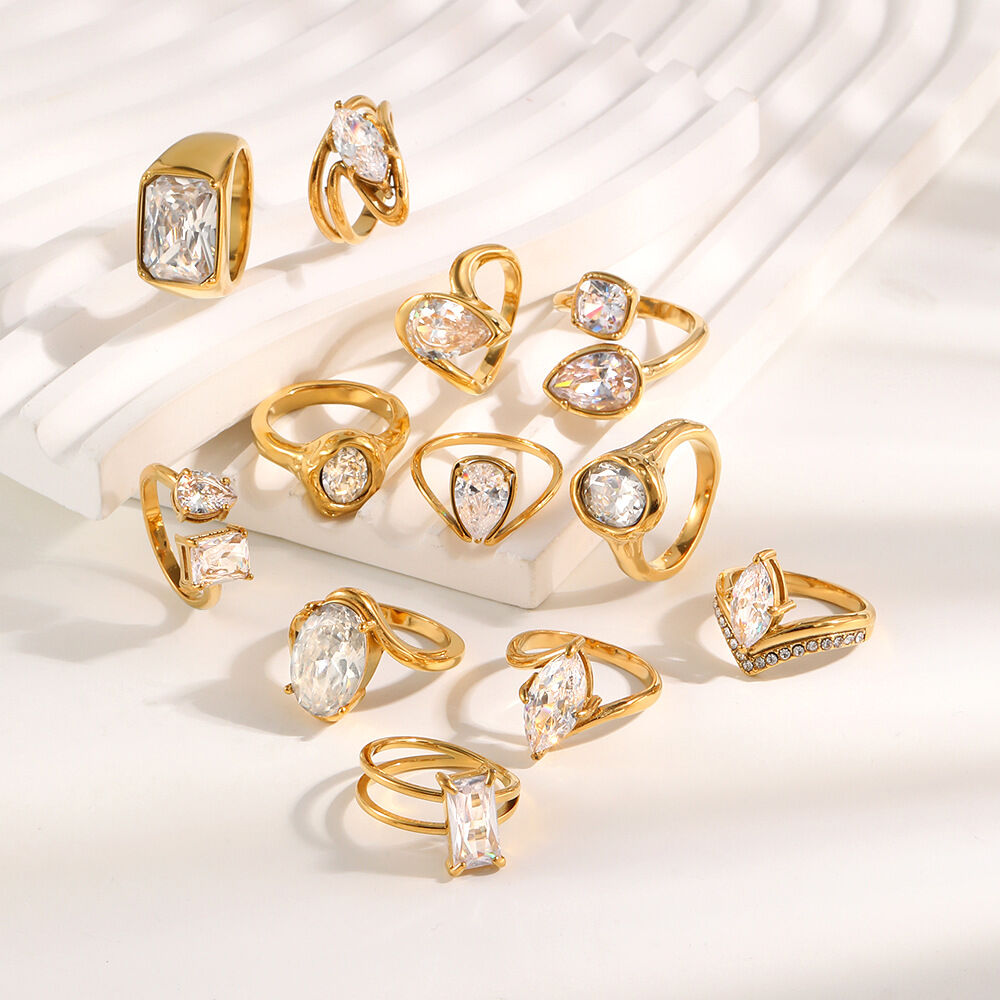 Simple Droplet Rectangle Zircon Stainless Steel Waterproof Gold Color Women's Gemstone Rings 2