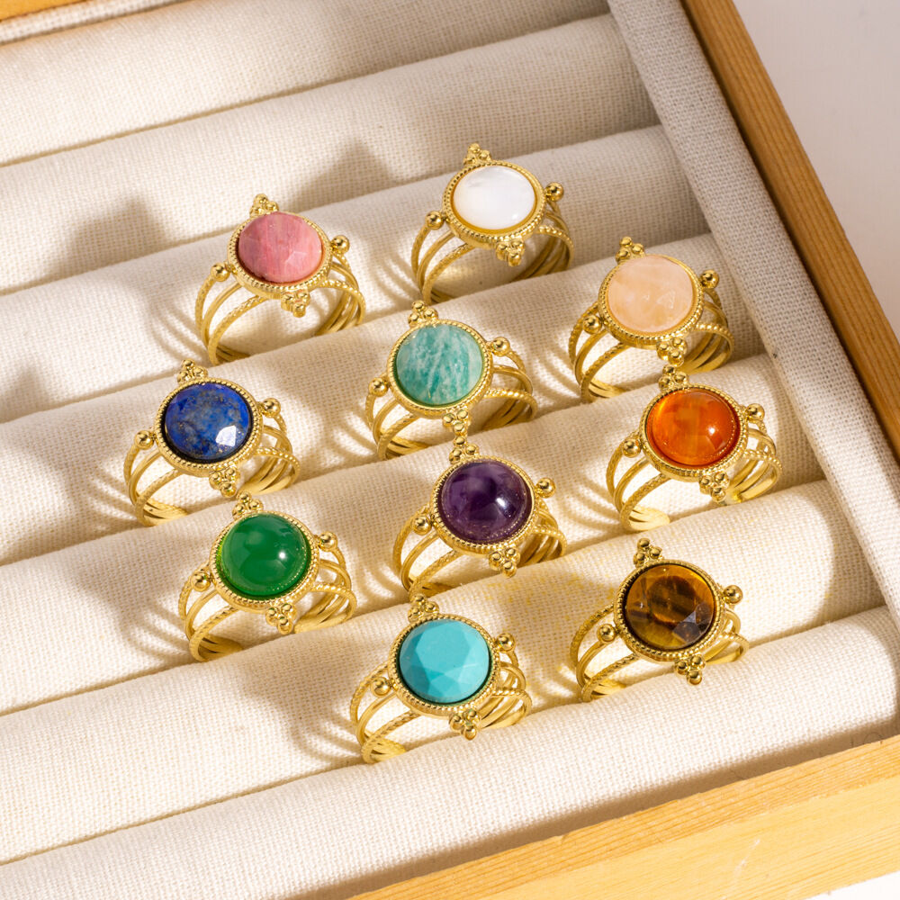 Simple Series Elegant Hollowed-Out Stainless Steel Waterproof   Gold Color  Women's Gemstone Rings 2