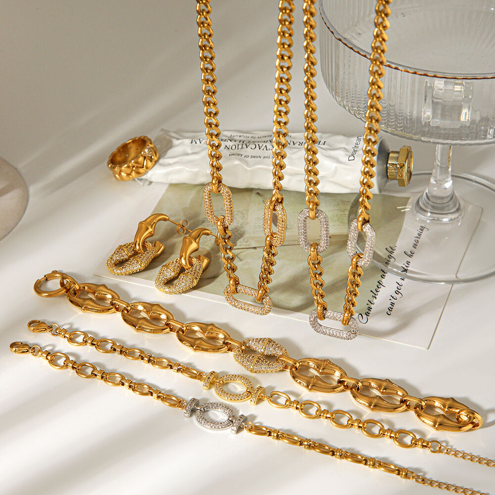 Luxurious Chain Stainless Steel Waterproof Gold Color Zircon Women's Necklaces Set h5Picture5