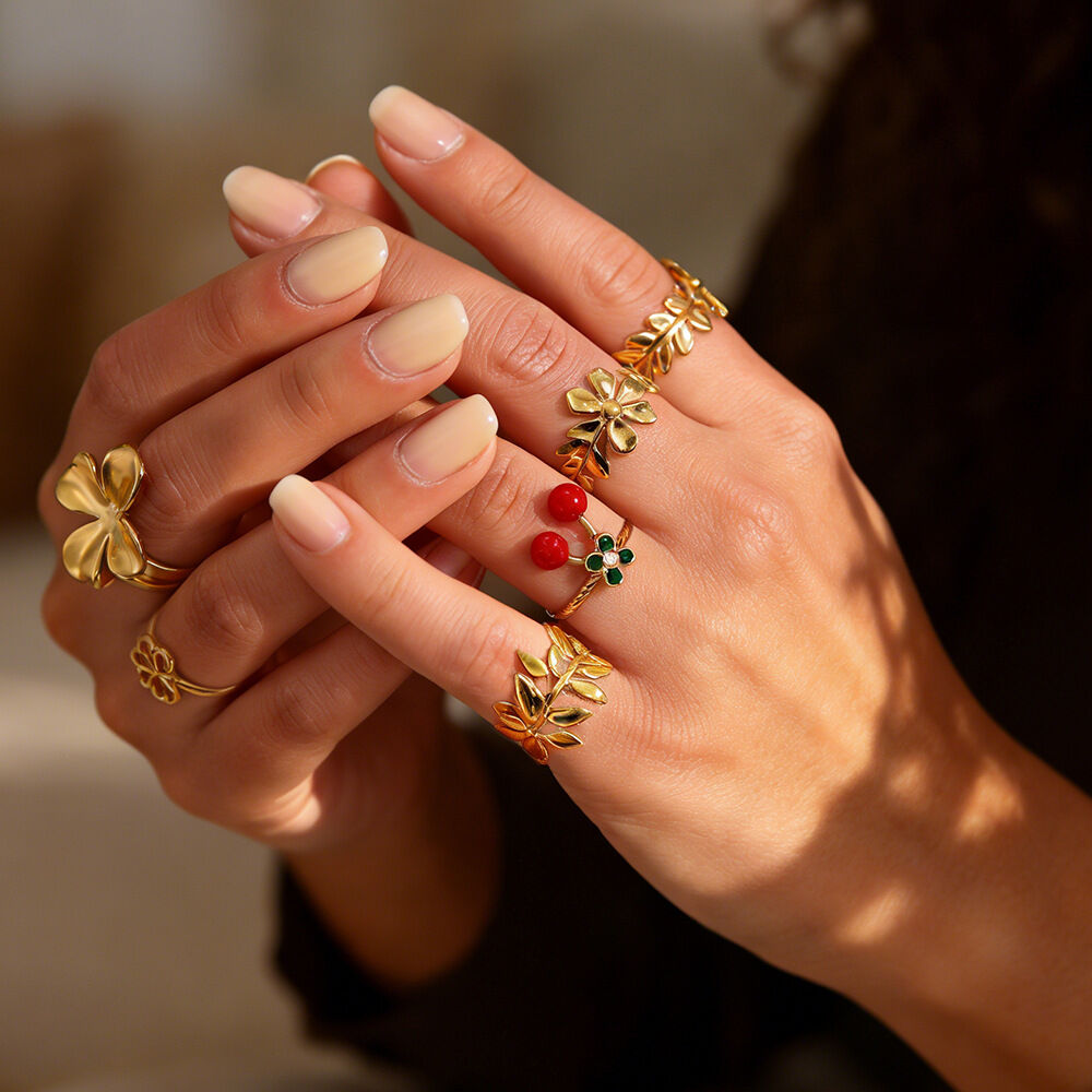 Romantic Series Sweet Flower Cherry Stainless Steel Waterproof   Gold Color  Statement Rings