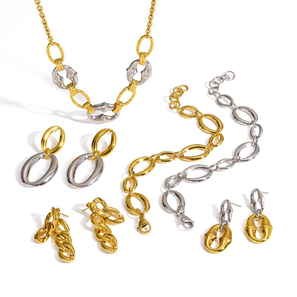 Ellipse Shape Stainless Steel Waterproof Gold Color Women's Earrings Sets h5 Picture3
