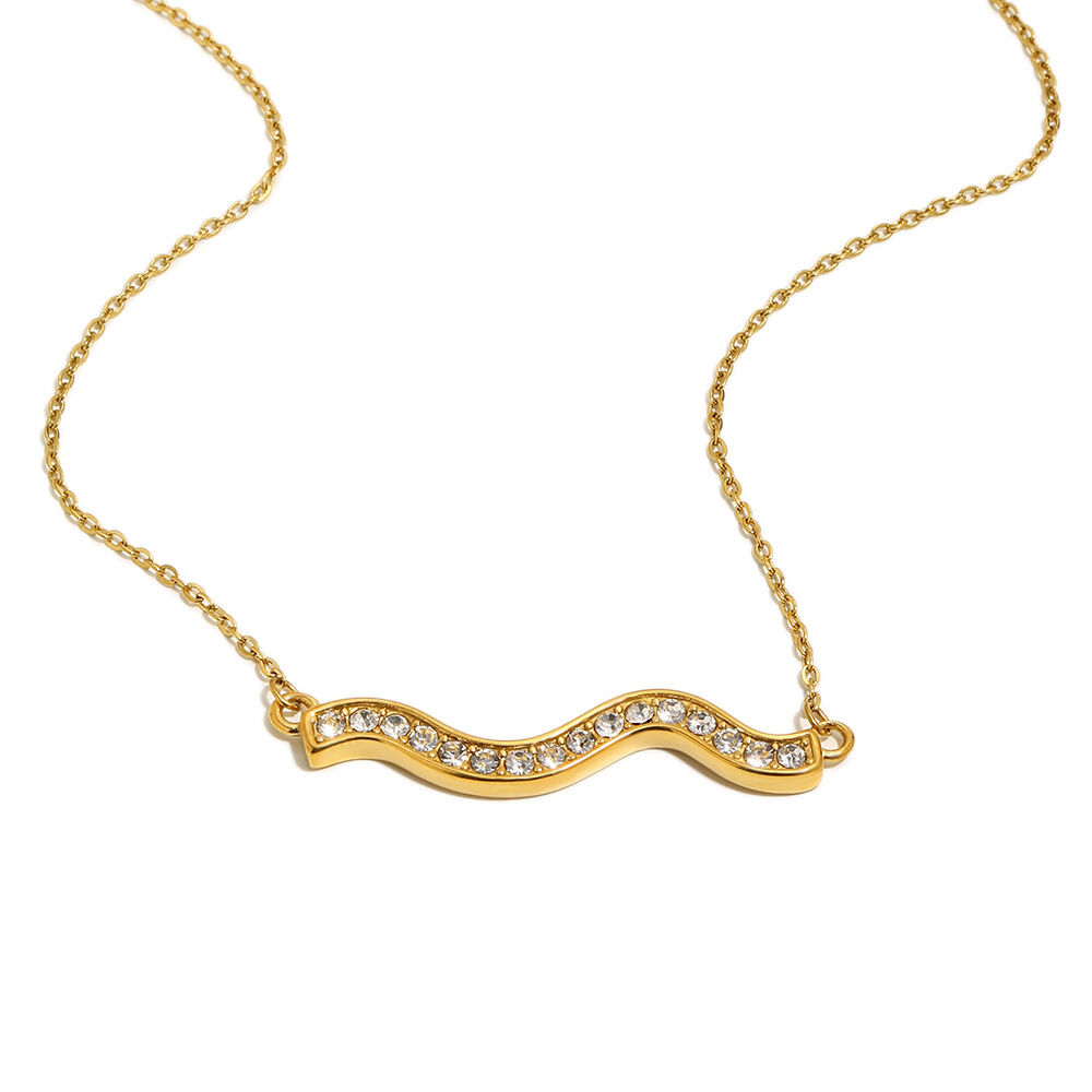 Einfache, wellenförmige, wasserdichte Damen-Halskette mit Anhänger aus Edelstahl in Goldfarbe und Strass h5 