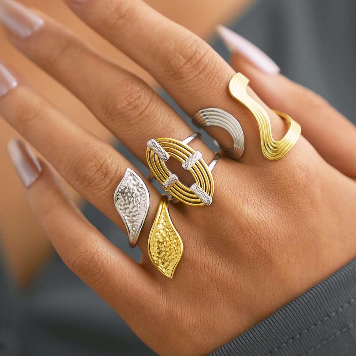 Irregular Shape Leaf Stainless Steel Waterproof   Gold Color  Statement Rings h5 Picture5