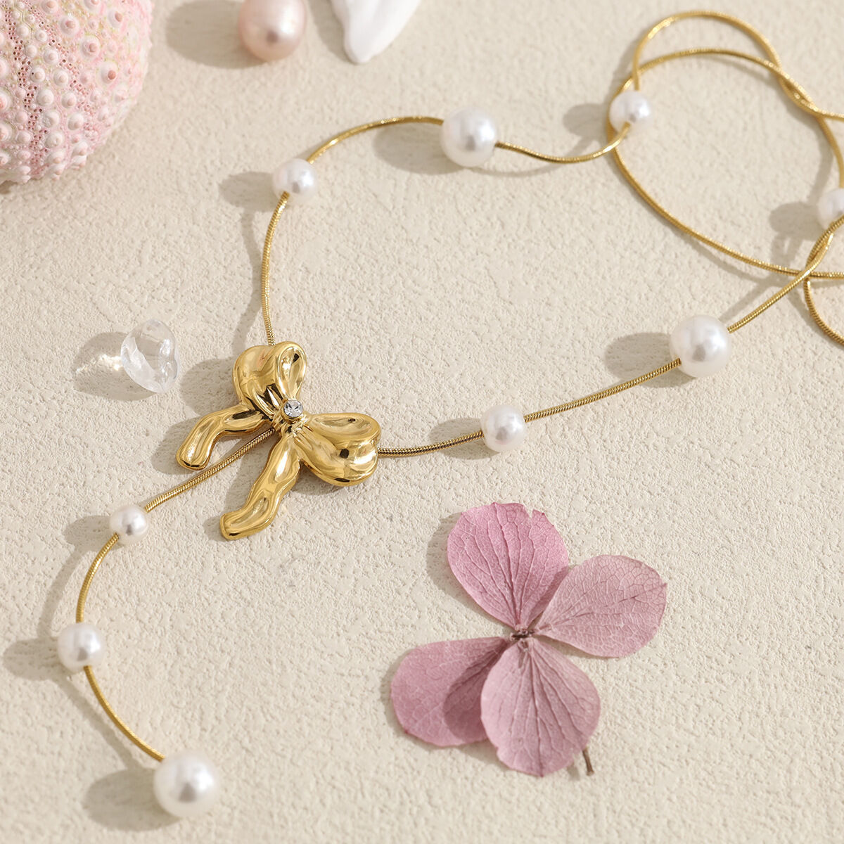 Romantic Sweet Butterfly Stainless Steel Waterproof Gold Color Pearl Women's Pendant Necklaces Picture3
