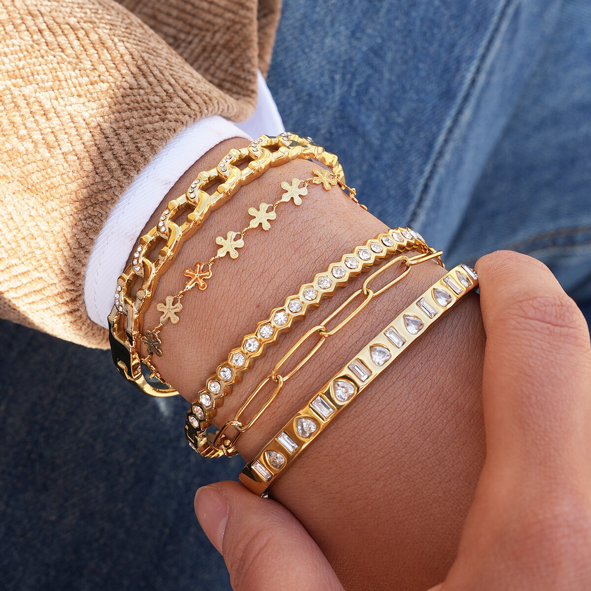 Daily Flower  Heart Rectangle Stainless Steel Waterproof   Gold Color  Women‘s Bangles