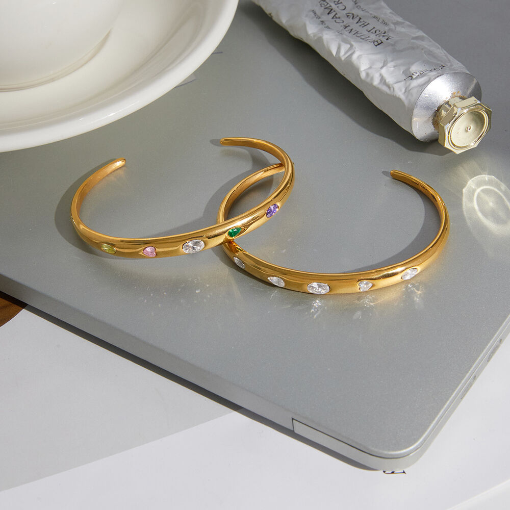 Classic Chain Stainless Steel Waterproof Gold Color Zircon Women's Cuff Bracelets Picture3