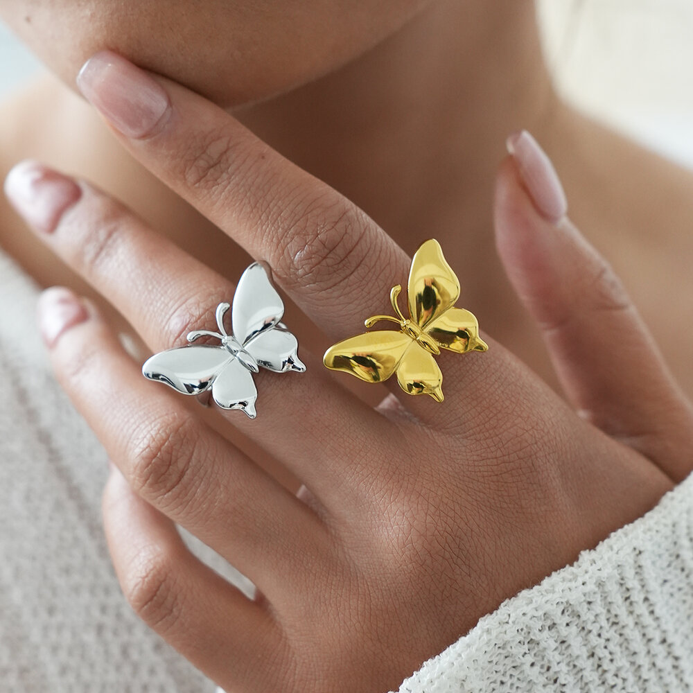 Butterfly Stainless Steel Waterproof Gold Color Statement Rings Picture5