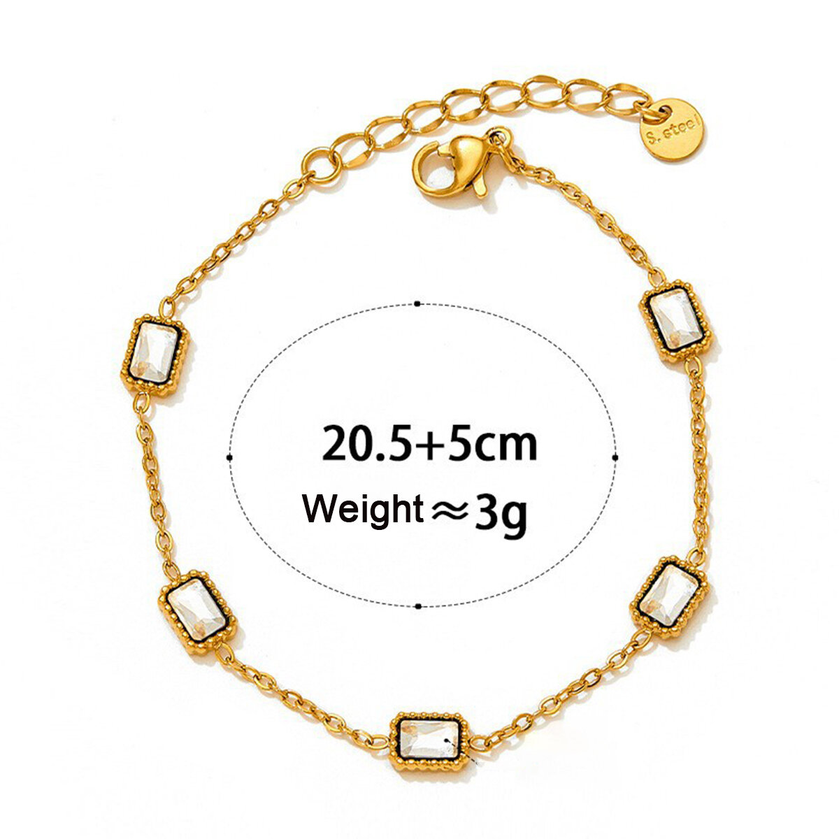 Simple Rectangle Stainless Steel Waterproof Gold Color Zircon Anklets Picture5