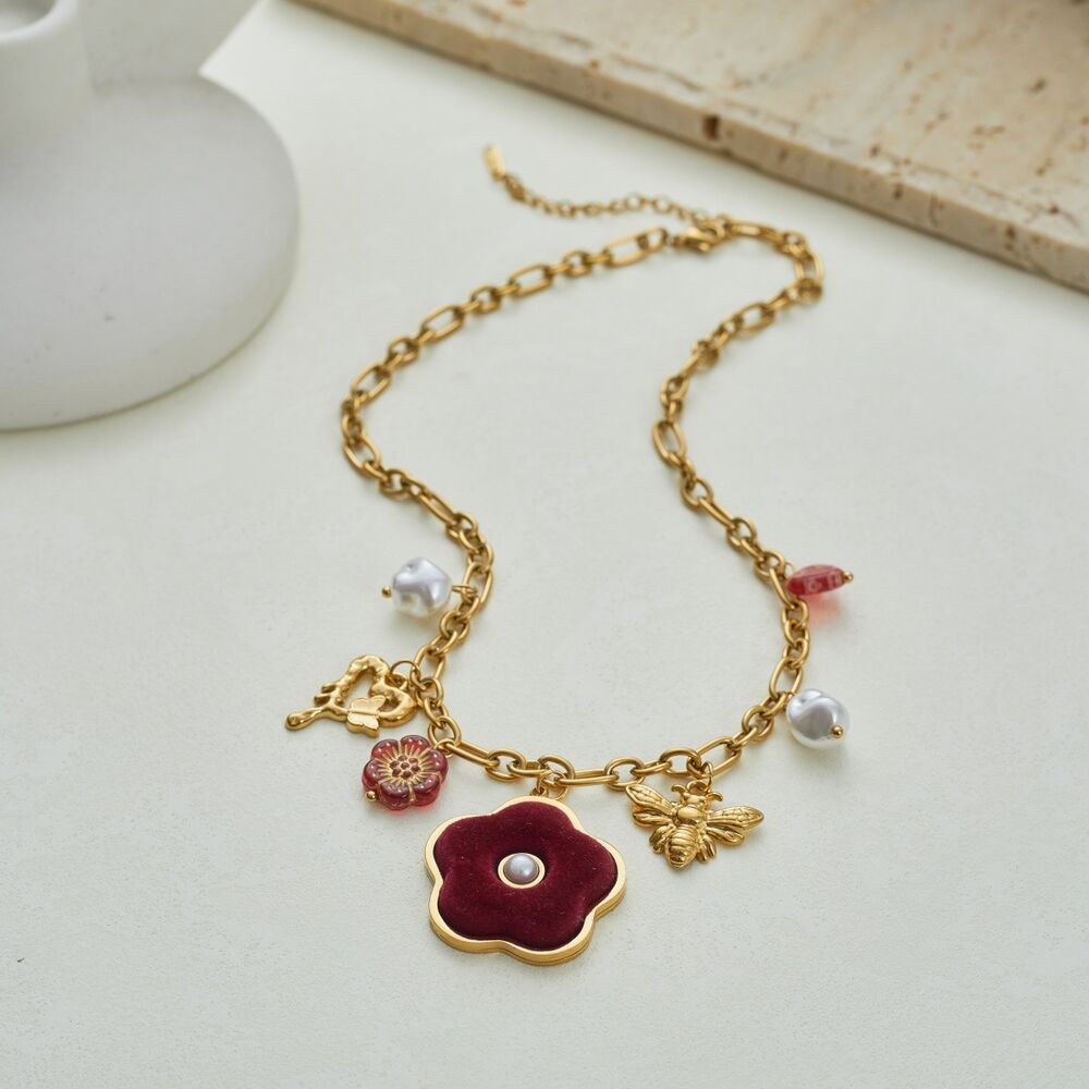 Retro Velvet Flower Butterfly Stainless Steel Waterproof Gold Color Women's Chain Necklaces Picture4