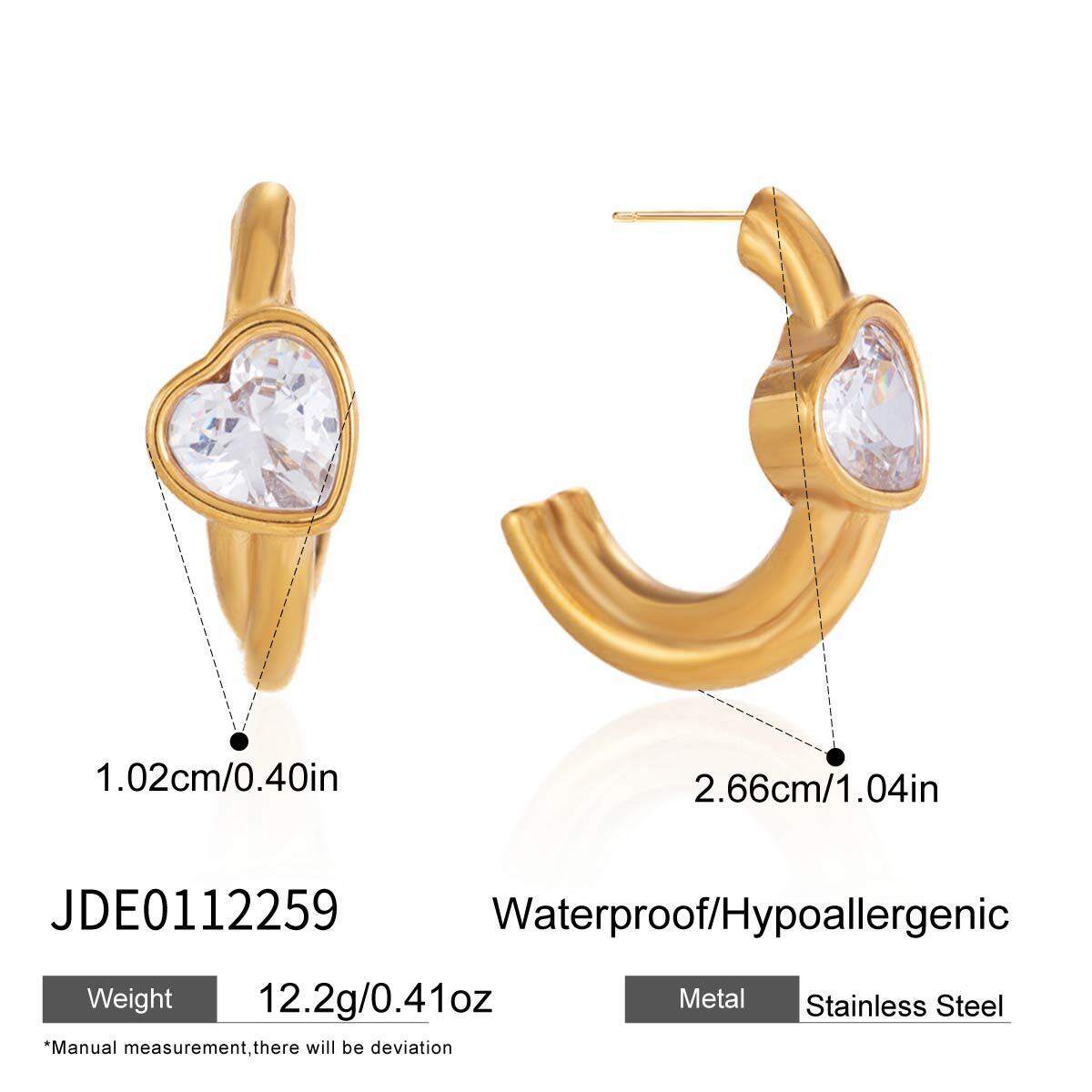 Einfache, herzförmige Ohrstecker aus Edelstahl, wasserdicht, goldfarben, mit Zirkonia-Zirkonia 