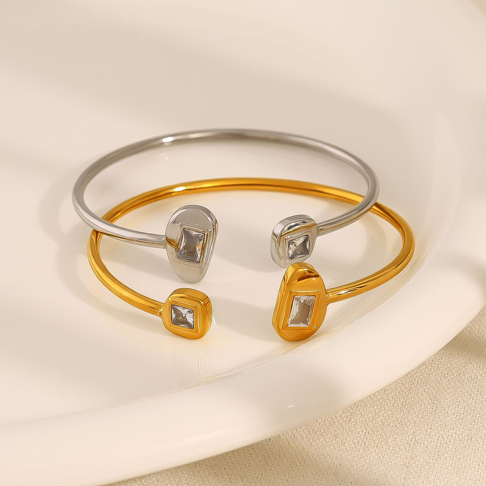Unregelmäßig geformte, wasserdichte Armreifen aus Edelstahl in Goldfarbe mit Zirkonia für Damen h5Bild2
