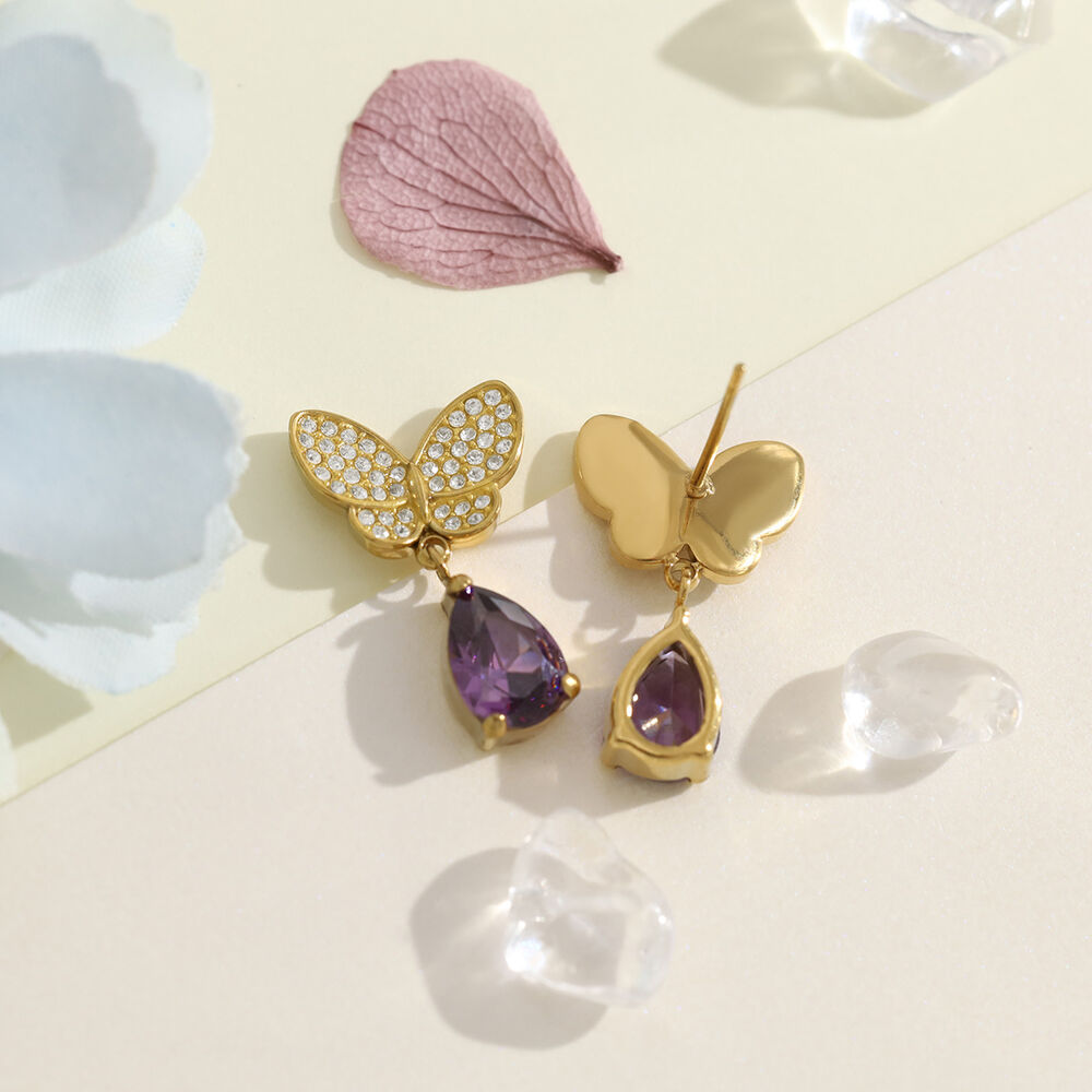 Romantic Sweet Butterfly Stainless Steel Waterproof Gold Color Crystal Women's Drop Earrings Picture4
