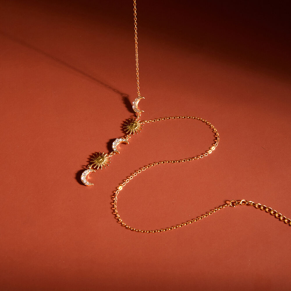Sun & Moon Y-shape Stainless Steel Waterproof Gold Color Rhinestone Women's Pendant Necklaces Picture5