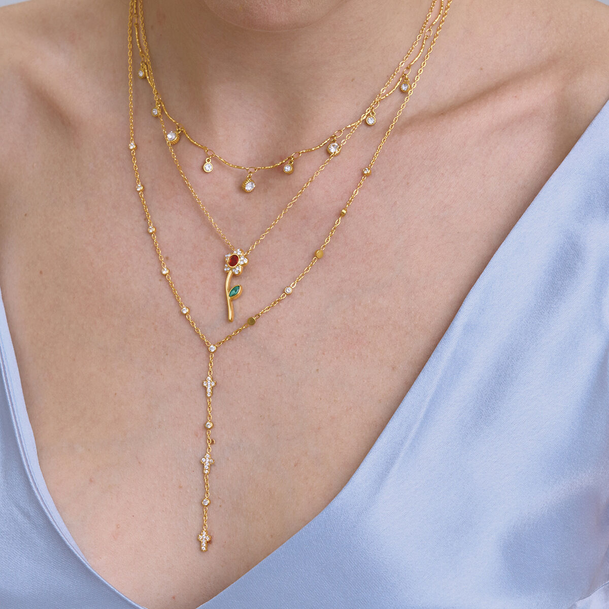 Romantic Sweet Rose Stainless Steel Waterproof Gold Color Rhinestone Women's Pendant Necklaces h5 Picture2