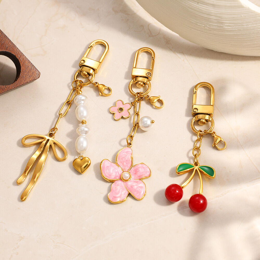 Sweet Enamel Flower Bow Knot Cherry Stainless Steel Gold Color Keychain Picture4