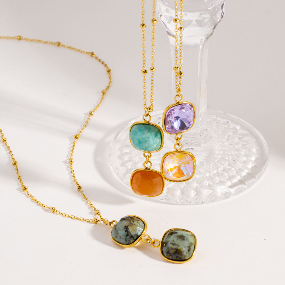 Simple Retro Mixed Color Rectangle Natural Stones Gold Color Women's Pendant Necklaces Picture3