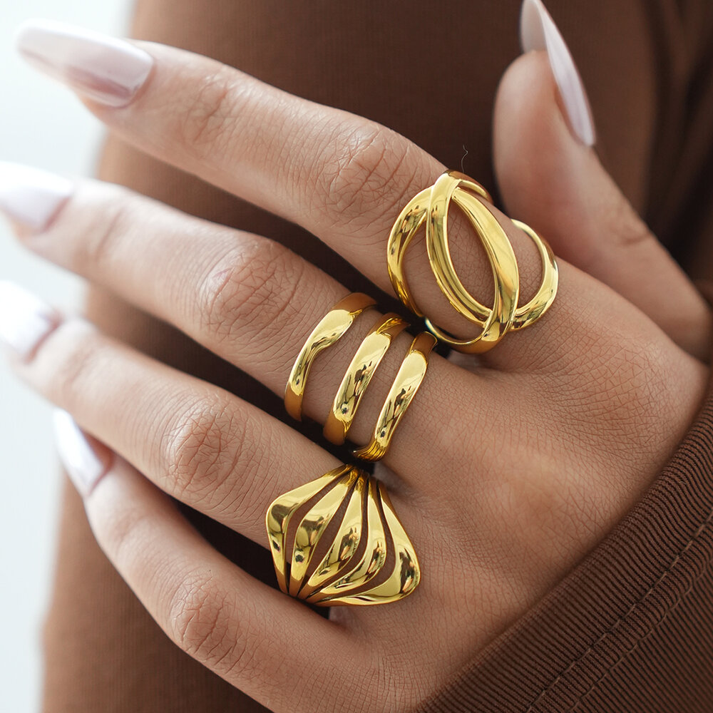 Simple Daily Irregular Shape Stainless Steel Waterproof Gold Color Statement Rings Picture3