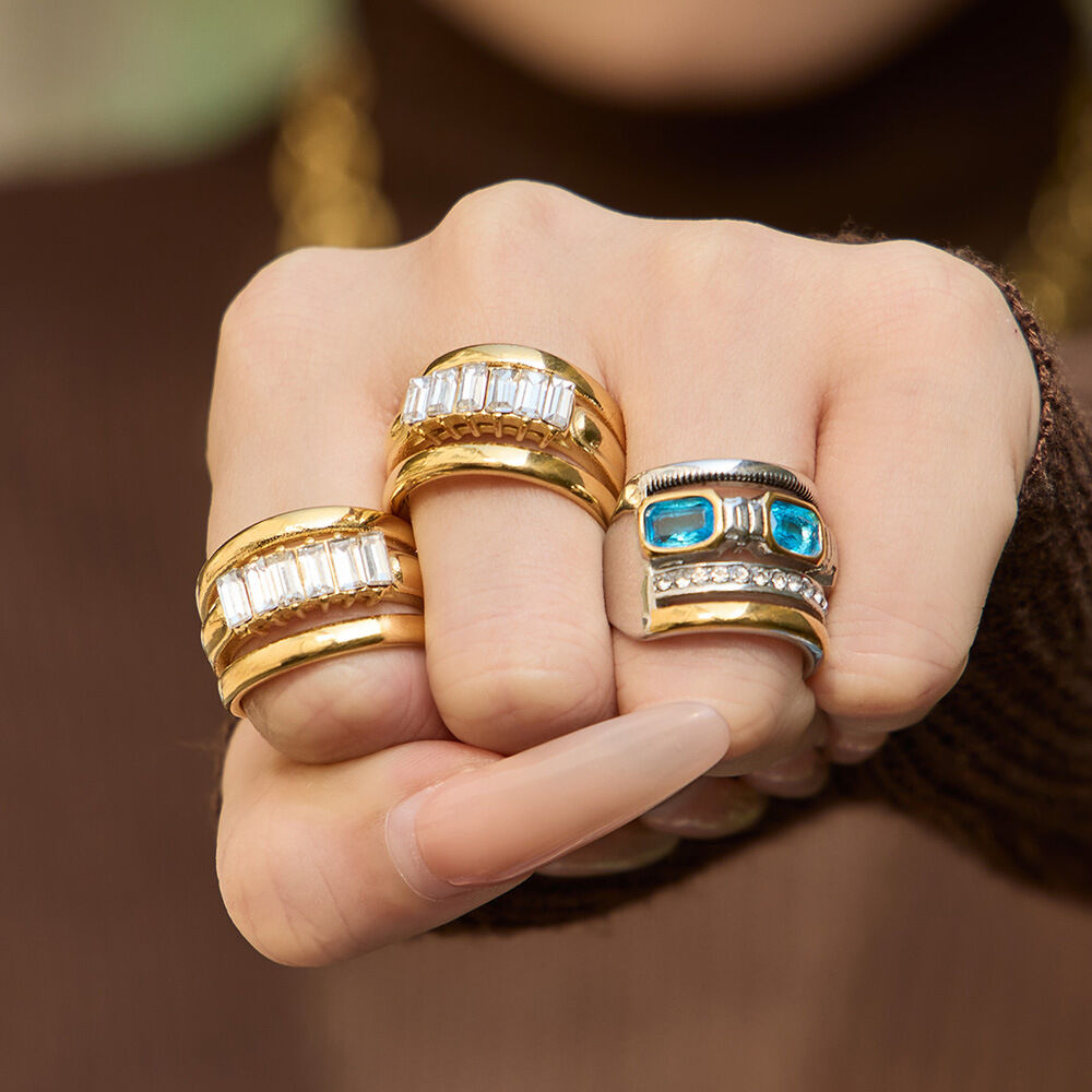 Punk Rectangle Stainless Steel Waterproof Gold Color Zircon Women's Gemstone Rings Picture3