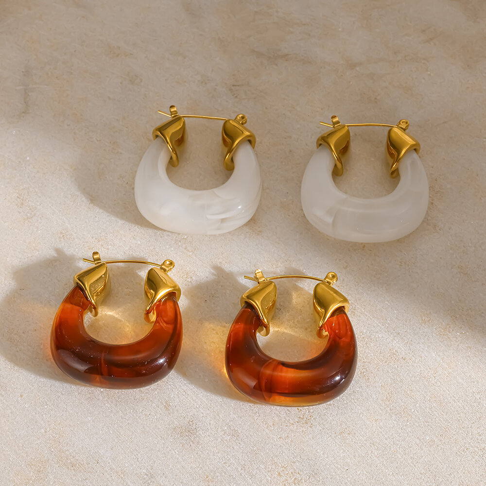 Retro Resin Stainless Steel Waterproof Gold Color Women's Hoop Earrings 2
