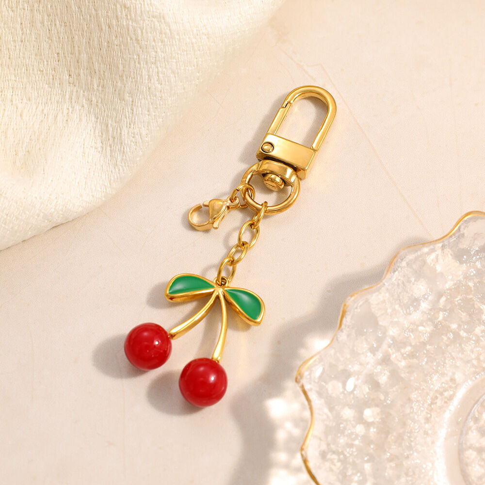 Sweet Enamel Flower Bow Knot Cherry Stainless Steel Gold Color Keychain h5 Picture3