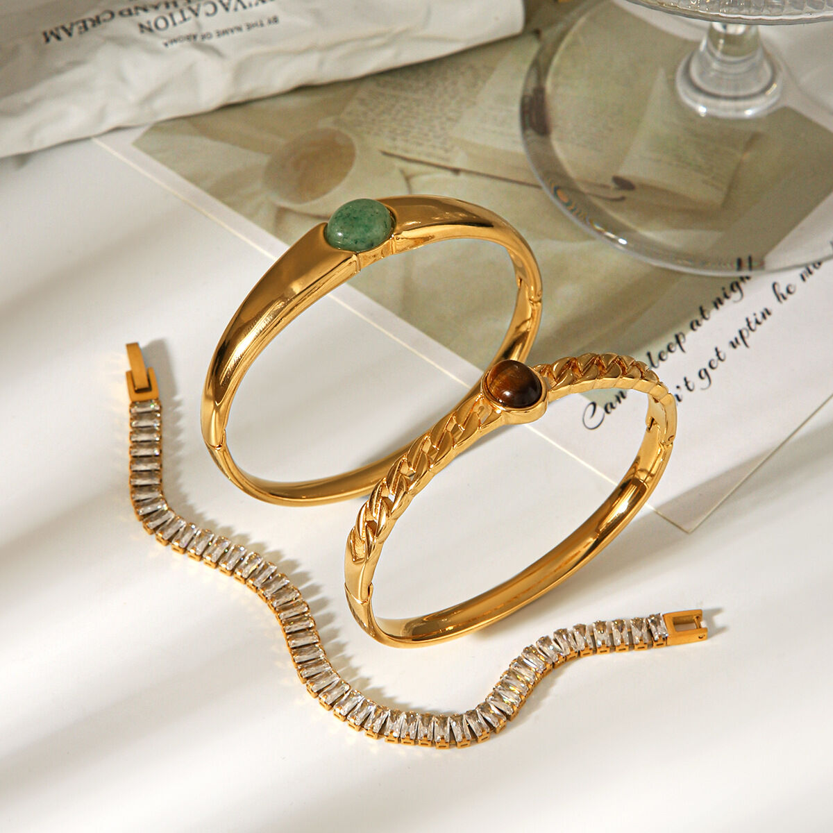 Stainless Steel Waterproof Gold Color Natural Stone Women's Bangles h5 Picture4